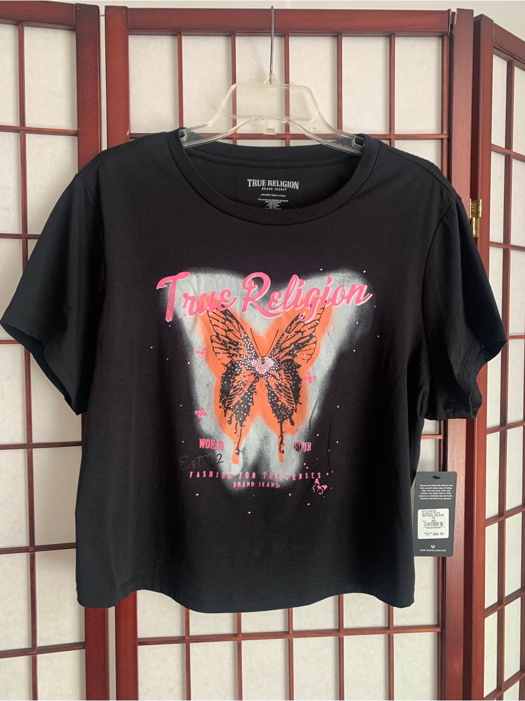 Nwt Jr/Womens True Religion Jet Black Butterfly Baby Tee Shirt Jr Xxl/Womens M/L